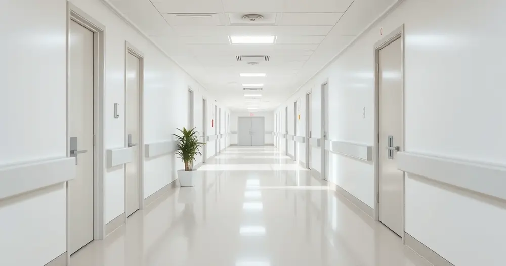 corredor de hospital claro e vazio com portas fechadas