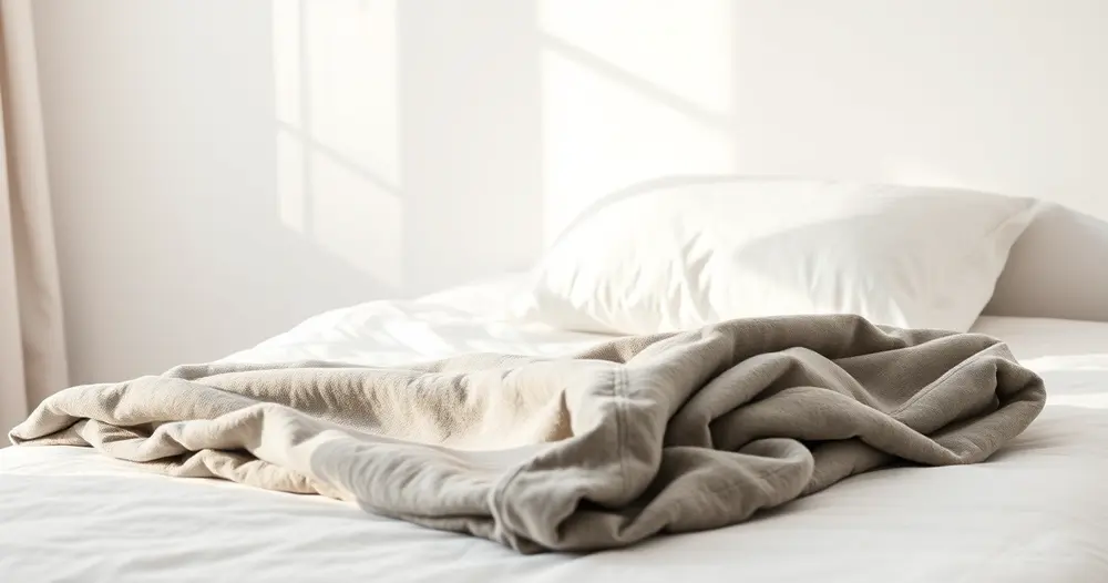 travesseiro branco e manta cinza dobrada sobre cama em luz da manhã